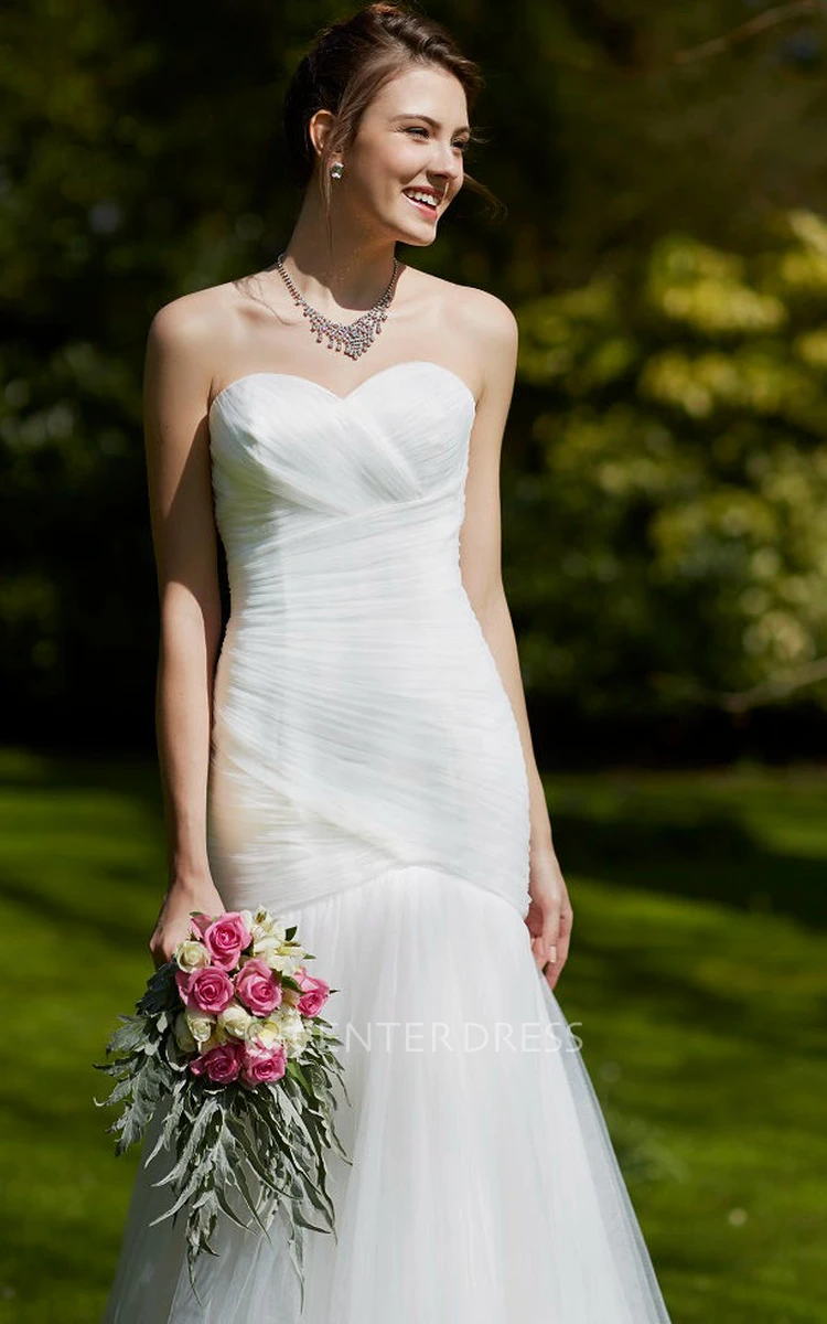 Sweetheart Floor-Length Ruched Tulle Wedding Dress With Brush Train And Lace Up
