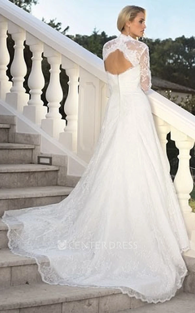 A-Line Long Strapless Long-Sleeve Lace Wedding Dress With Appliques And Cape
