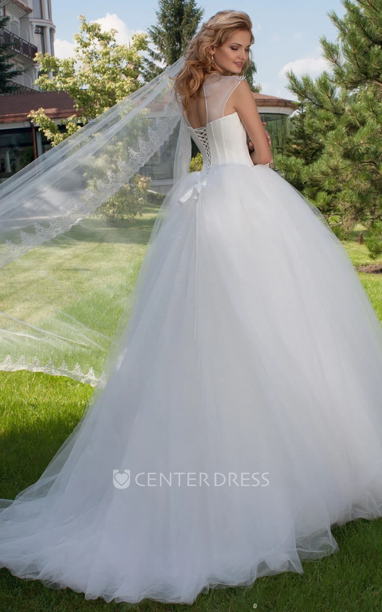 High Neck Maxi Beaded Tulle Wedding Dress With Court Train And Corset Back