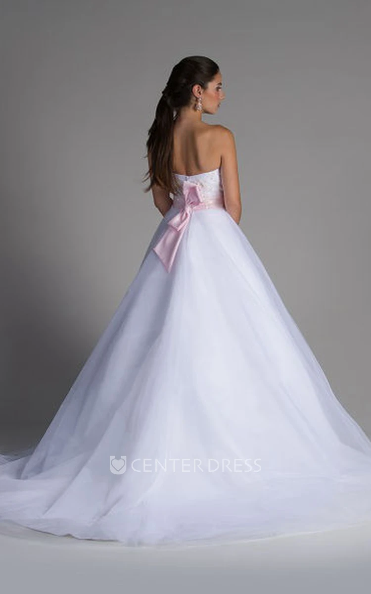 Crystal Applique Bodice Tulle Bridal Ball Gown With Pink Floral Sash