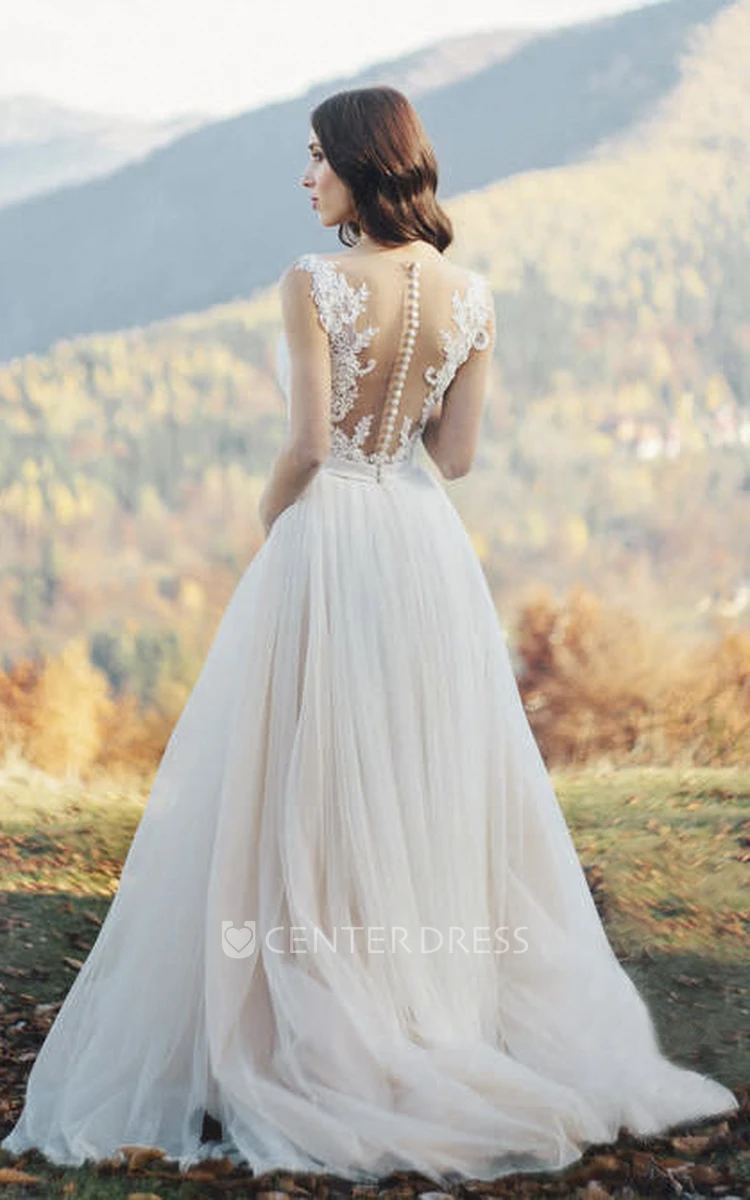 Tulle Sleeveless Illusion Bateau Neck And Illusion Back Wedding Dress With Lace Detailed Top