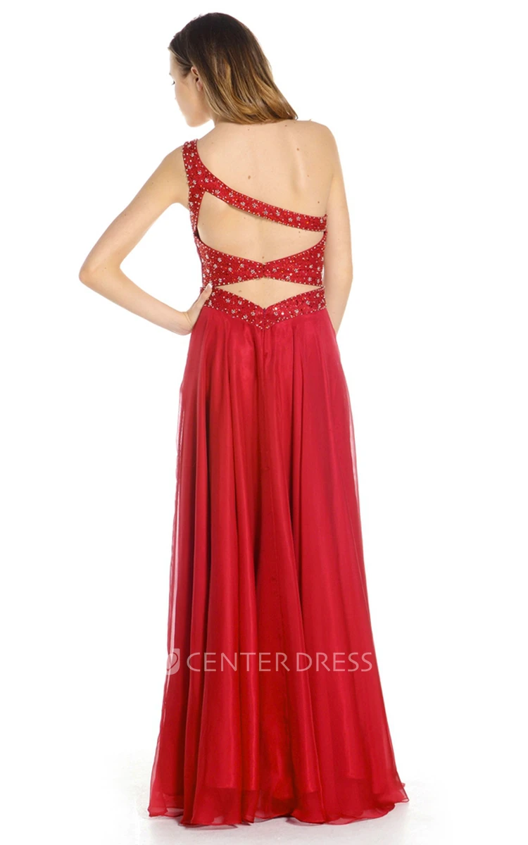 One-Shoulder Ruched Sleeveless Chiffon Prom Dress With Beading And Straps