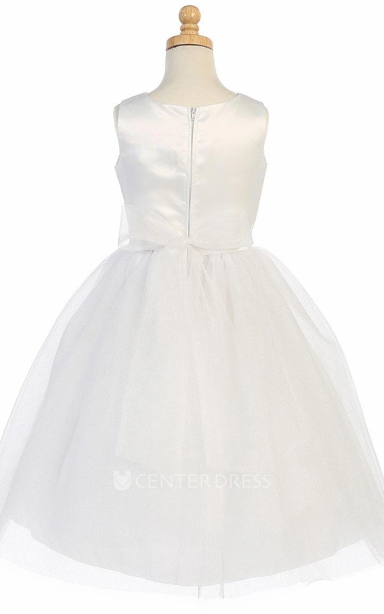 Tea-Length Floral Beaded Appliqued Tulle&Lace Flower Girl Dress With Tiers