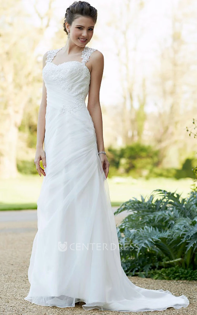 Queen Anne Maxi Ruched Chiffon Wedding Dress With Appliques And Illusion