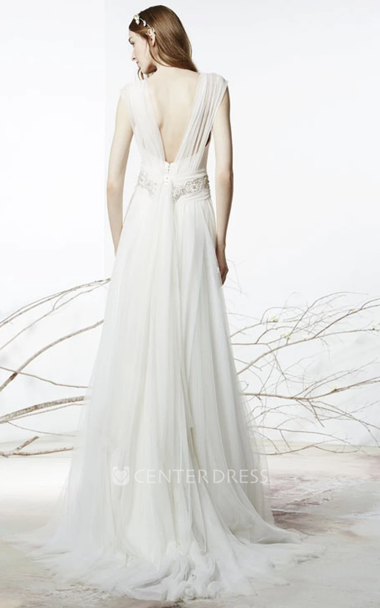 Floor-Length Square Jeweled Tulle Wedding Dress With Brush Train And V Back
