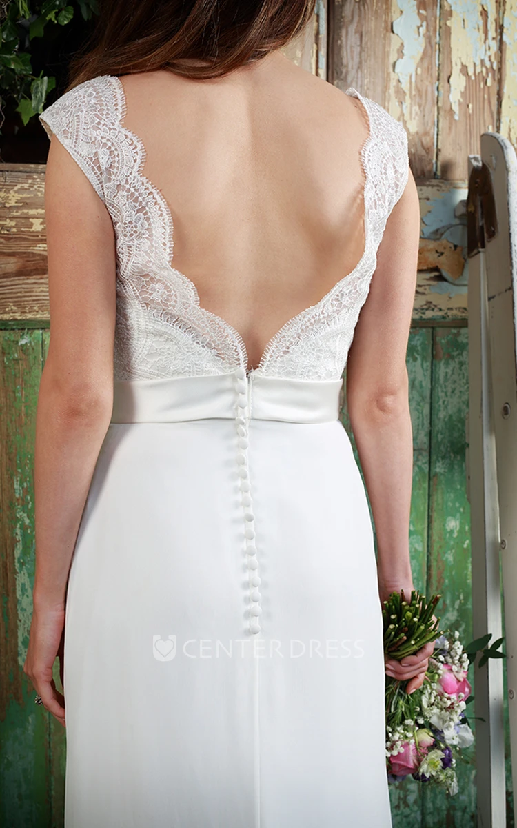 Sheath Floor-Length Jeweled V-Neck Cap-Sleeve Satin&Chiffon Wedding Dress With Lace