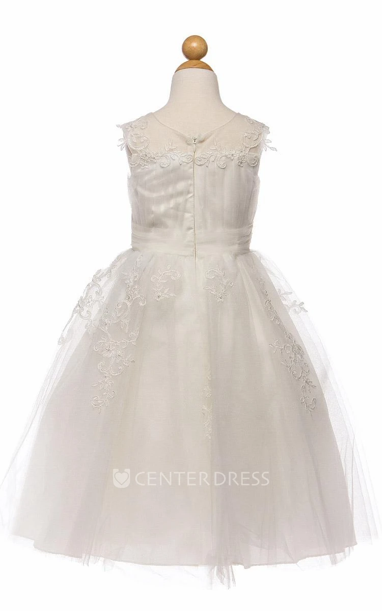 Tea-Length Embroideried Pleated Tiered Tulle Flower Girl Dress With Split Front