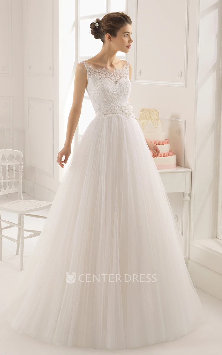 Sleeveless Lace Bodice Long Tulle Gown With Flower