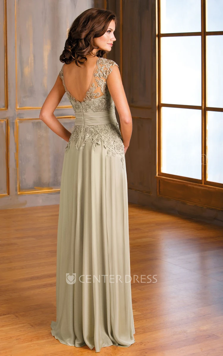 Cap-Sleeved V-Neck Long Mother Of The Bride MOB Dress With Appliques And V-Back