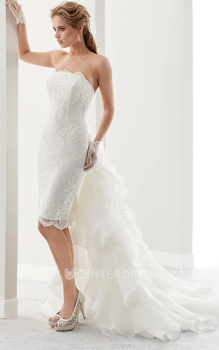 Strapless Short Lace Gown With Detachable Ruffles Train