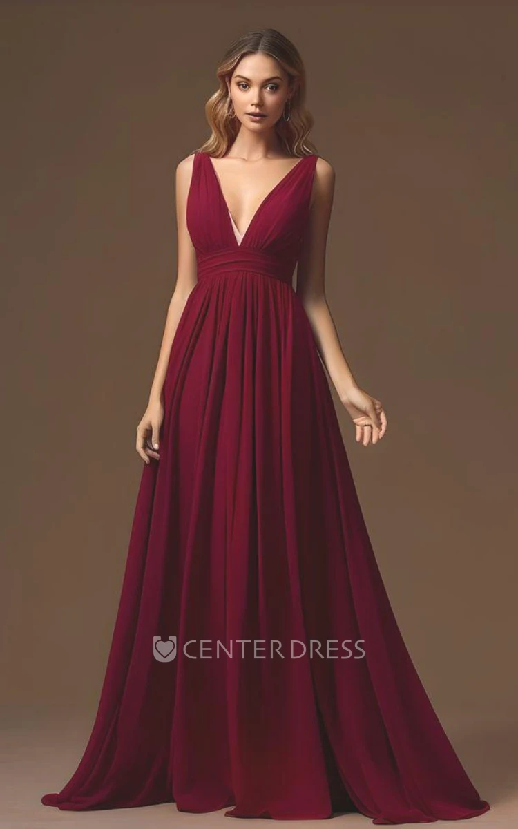 Romantic A-Line Chiffon Bridesmaid Dress with Plunging V-neck 2024 Women's Flowy