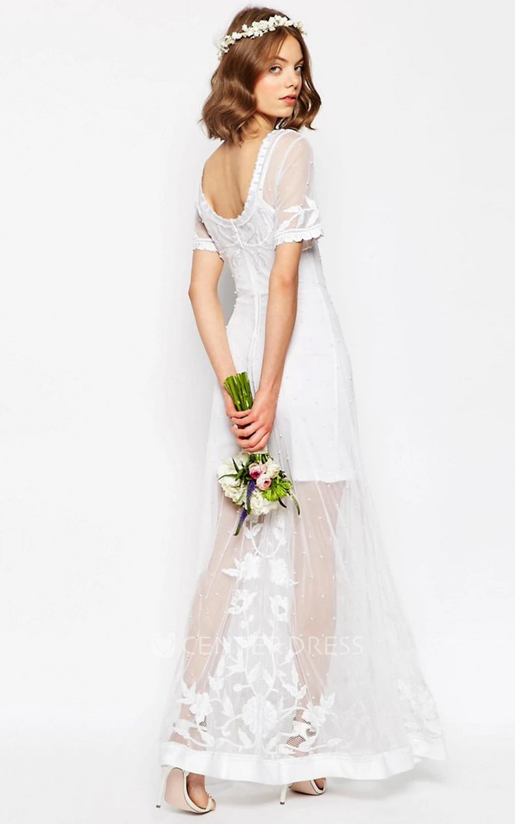Sheath Short-Sleeve Scoop-Neck Long Tulle Wedding Dress With Embroidery And V Back