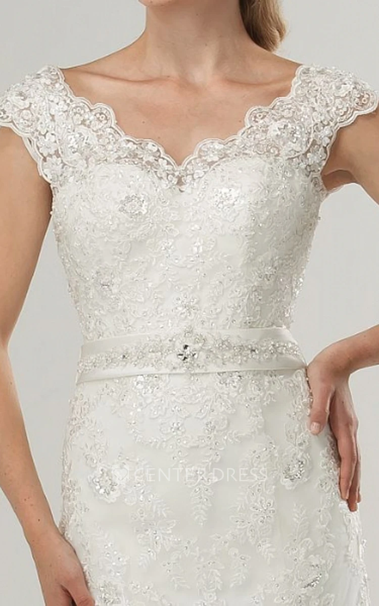 Sheath Cap-Sleeve V-Neck Jeweled Lace Wedding Dress With Bow