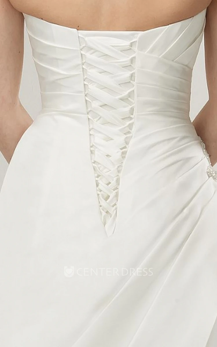 Sweetheart Floor-Length Beaded Satin Wedding Dress With Criss Cross And Corset Back