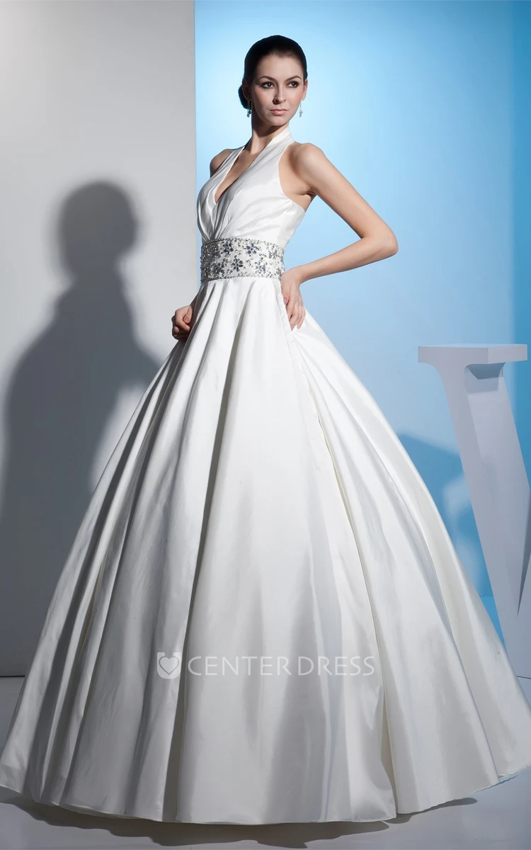 Halter Sleeveless Ball Gown Satin Wedding Dress with Beaded Waist