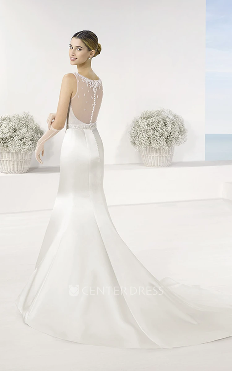Mermaid Maxi Bateau Appliqued Sleeveless Satin Wedding Dress With Waist Jewellery And Illusion Back