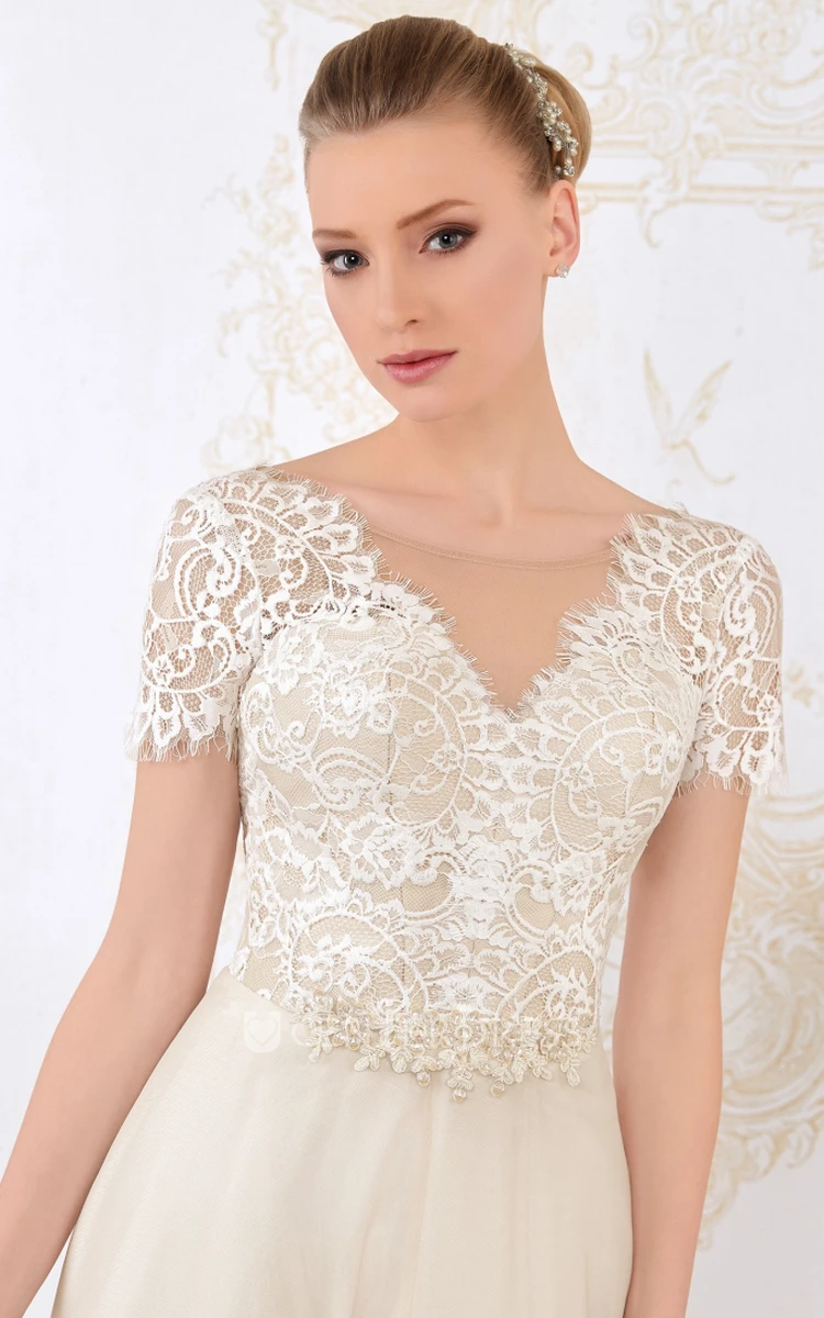 Floor-Length V-Neck Appliqued Short-Sleeve Lace Wedding Dress