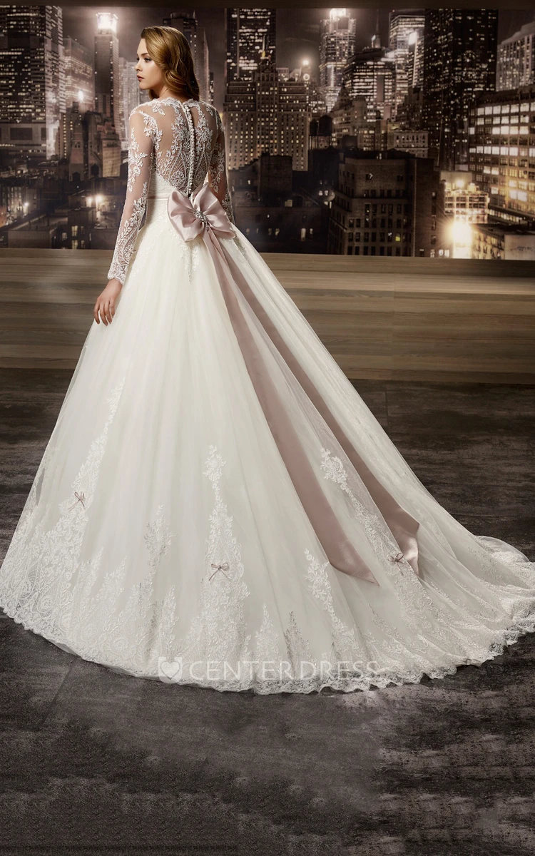 Illusion V-neck A-line Wedding Dress with Long Sleeves and Back Bow 