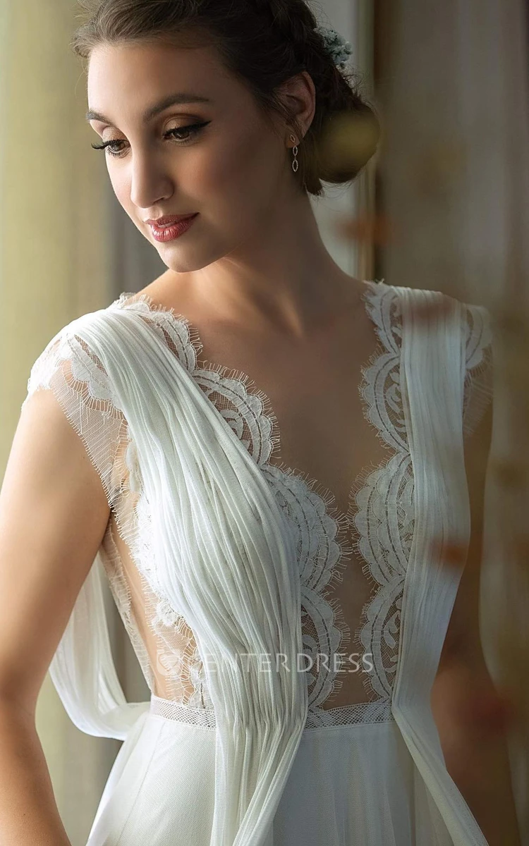 Grecian A-Line V-neck Chiffon Lace Wedding Dress With Open Back And Pleats