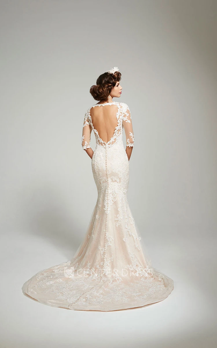 Sheath Half-Sleeve Sweetheart Long Appliqued Lace Wedding Dress With Court Train And Keyhole Back