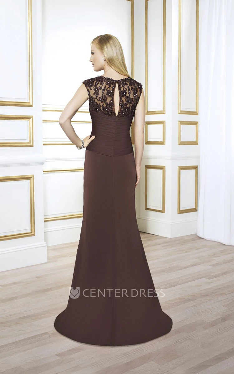 Sheath Cap-Sleeve Appliqued Floor-Length Scoop Chiffon Formal Dress With Illusion Back And Draping