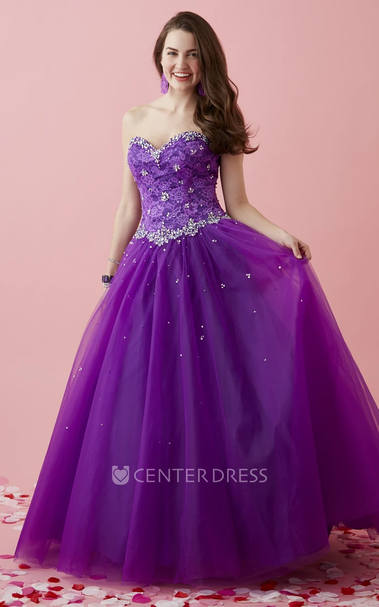 Ball Gown Long Sweetheart Sleeveless Tulle Lace-Up Dress With Lace And Beading