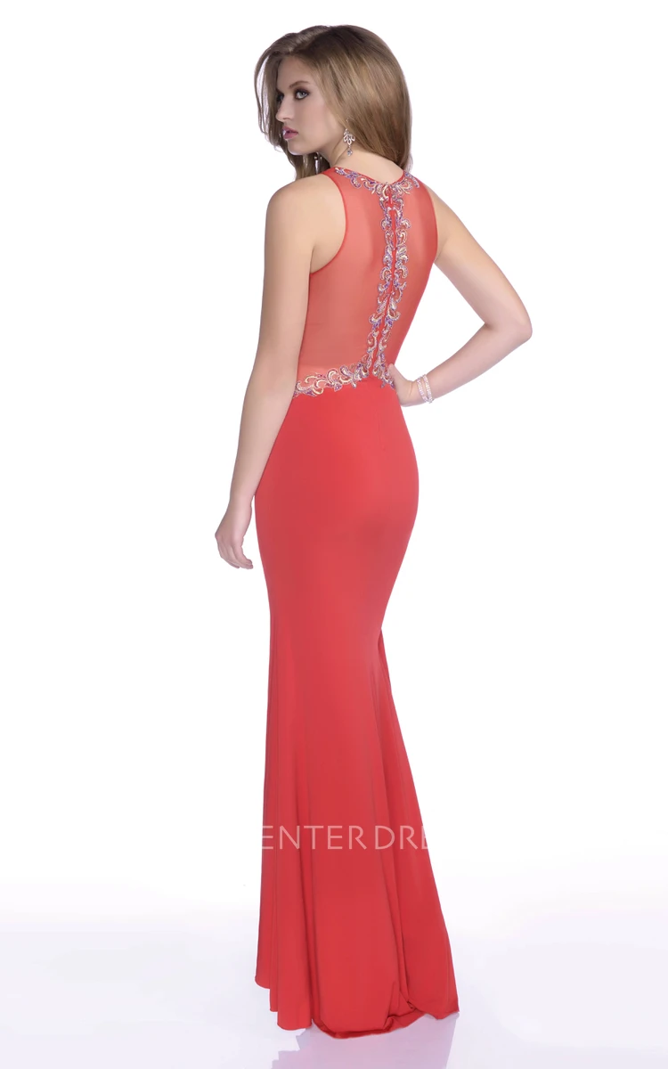 Mermaid Jersey Sleeveless Long Prom Dress Featuring Side Slit And Beaded Trim