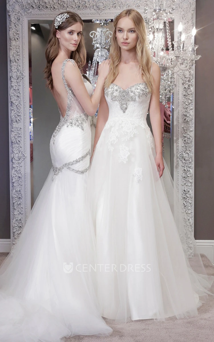 A-Line Beaded Long Spaghetti Sleeveless Tulle Wedding Dress With Backless Style And Ruching