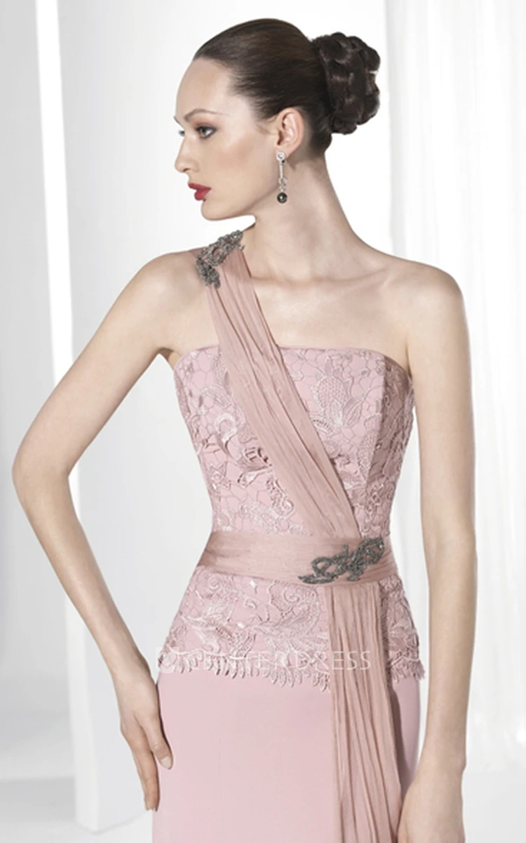 Sheath Floor-Length Sleeveless Appliqued One-Shoulder Jersey Prom Dress