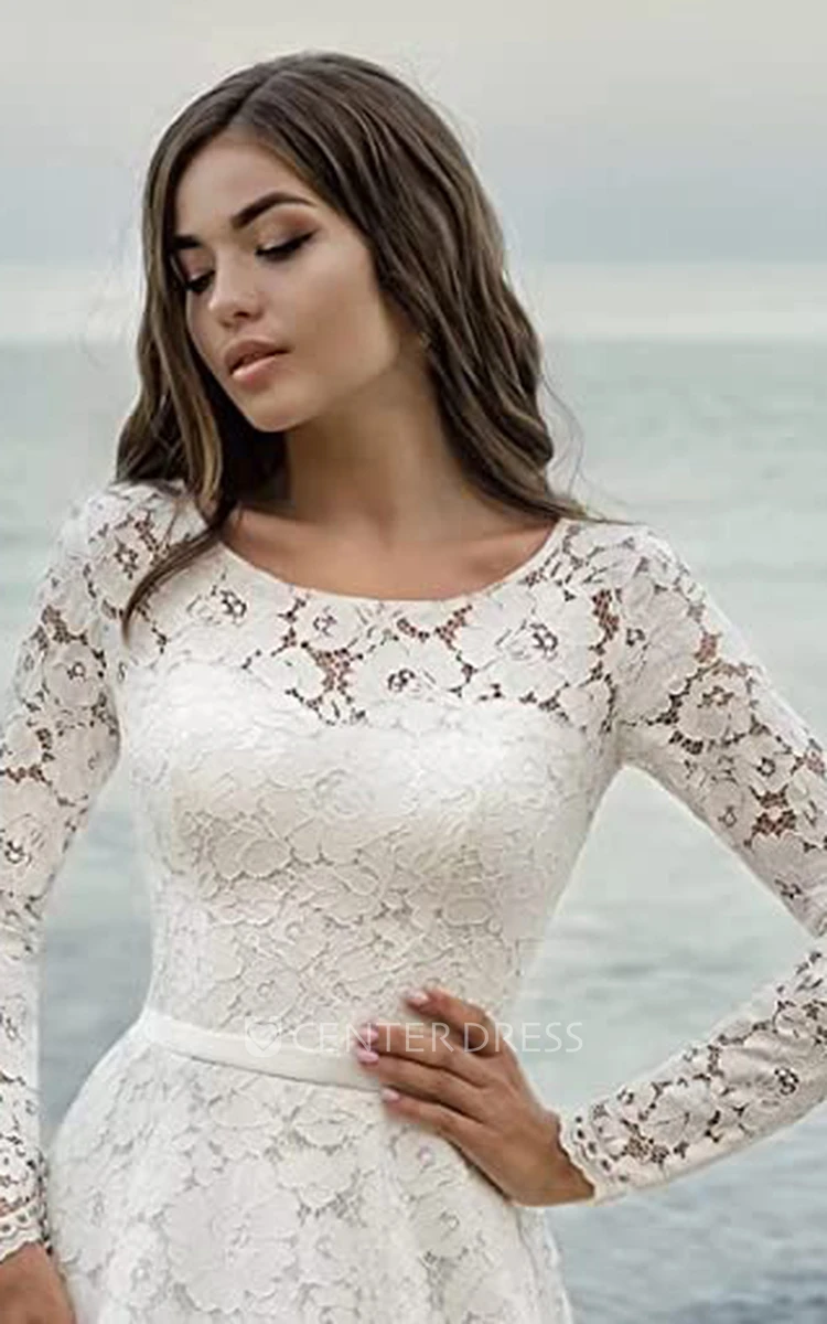 Romantic Illusion Sleeves Lace A-Line Wedding Dress with Bateau Neckline