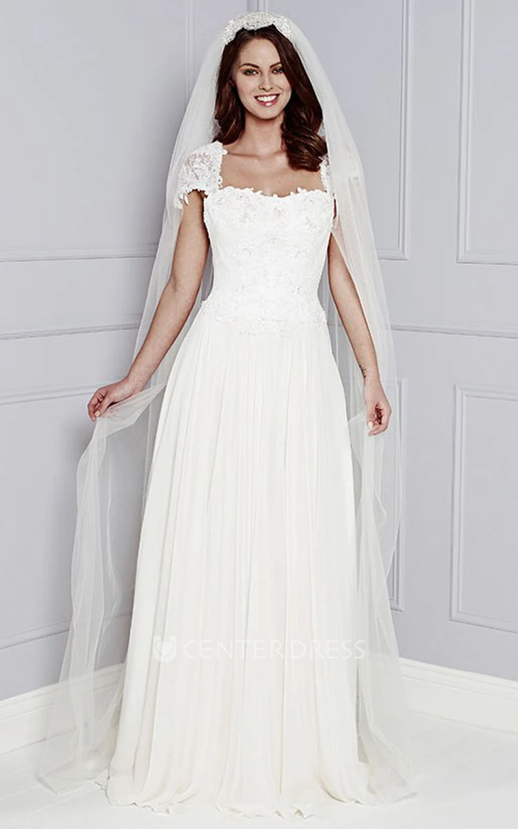 Cap-Sleeve Appliqued Floor-Length Square-Neck Lace&Chiffon Wedding Dress With Pleats