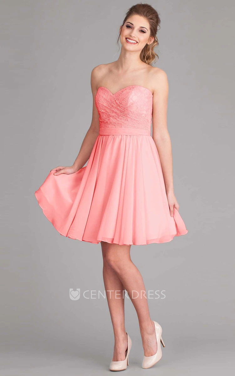 Mini A-Line Sleeveless Sweetheart Lace Chiffon Bridesmaid Dress With Bow