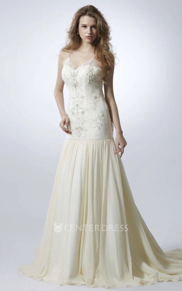 A-Line Floor-Length Sleeveless Beaded Spaghetti Chiffon Wedding Dress With Backless Style And Pleats