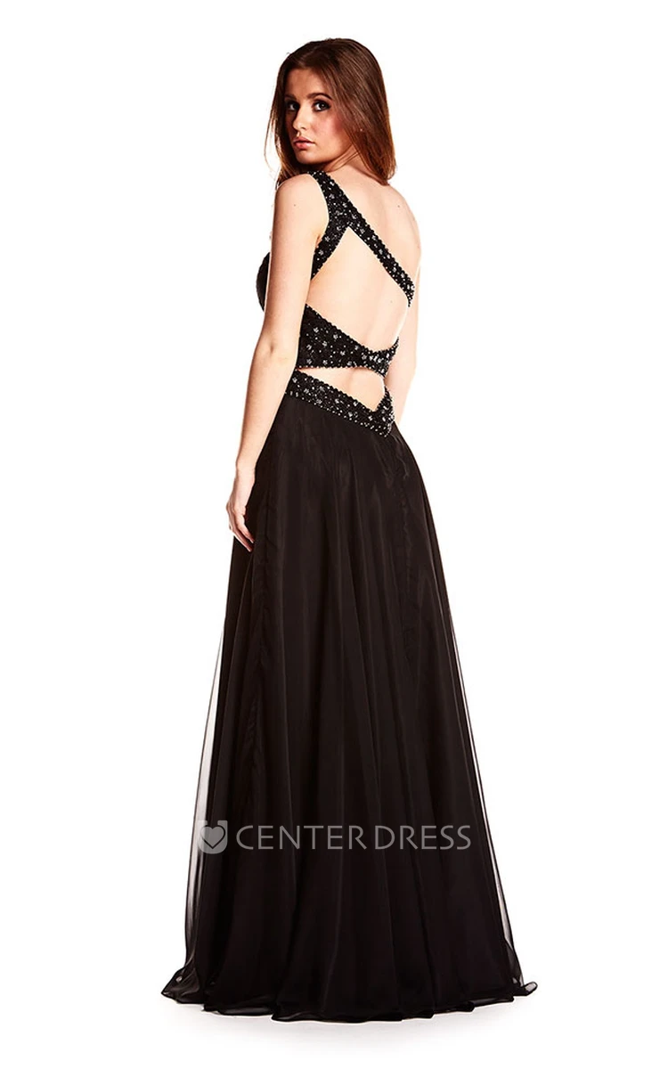 Long One-Shoulder Beaded Chiffon Prom Dress With Waist Jewellery And Straps