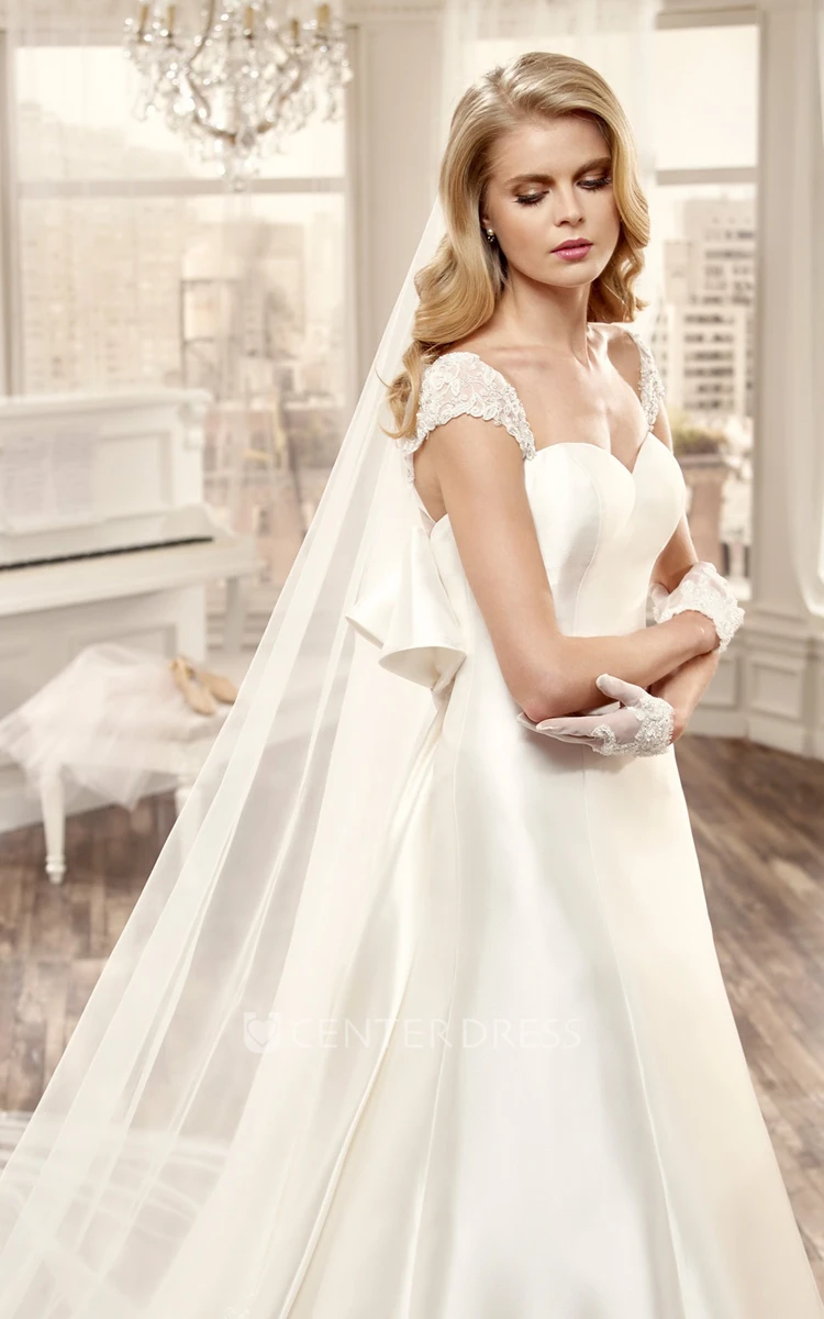 Sweetheart Cap-Sleeve Long Wedding Dress With Large Back Bow And Brush Train
