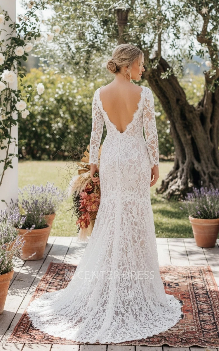 Mermaid Boho Lace Wedding Dress Long Sleeves Sexy Low Back Bridal Gown