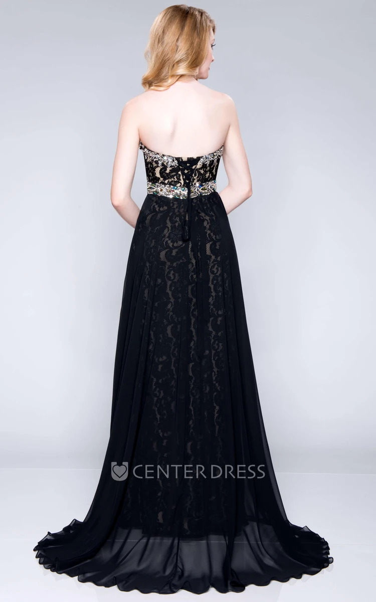 Sweetheart Lace Column Long Prom Dress With Chiffon Overlay Skirt