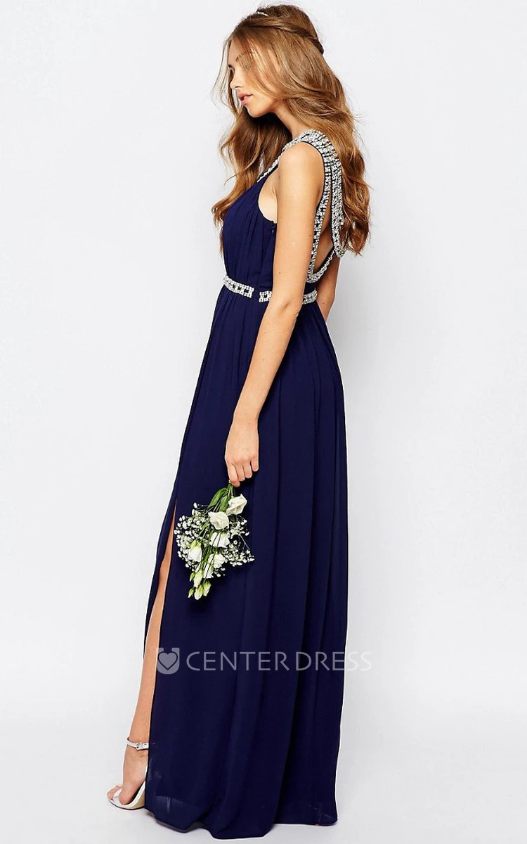 A-Line Beaded Scoop-Neck Long Sleeveless Chiffon Bridesmaid Dress With Split Front And Ruching