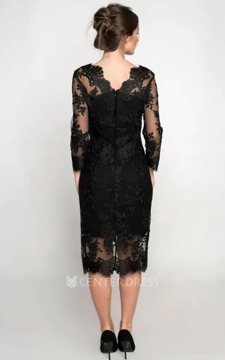 Sexy Lace 3/4 Length Sleeve Knee-length Pencil Cocktail Dress with Split Front