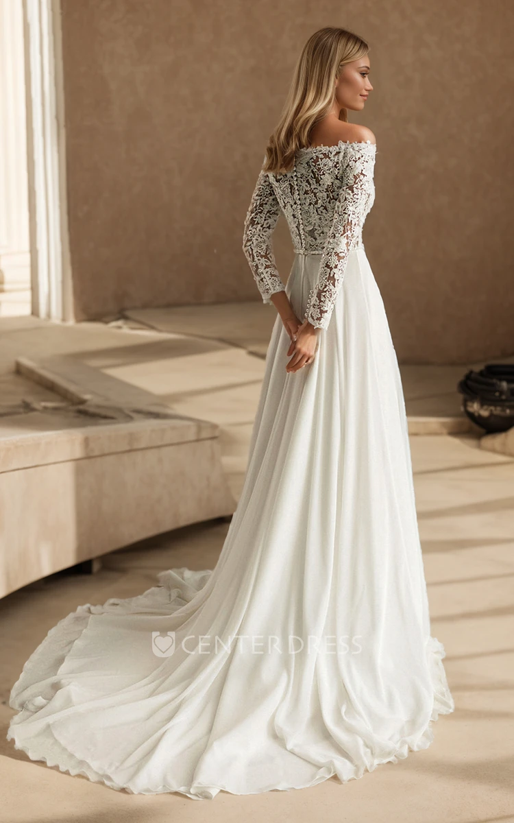 Summer Vintage A-Line Boho Lace Wedding Dress Modern Off-the-shoulder Beach Bridal Gown with Long Sleeve