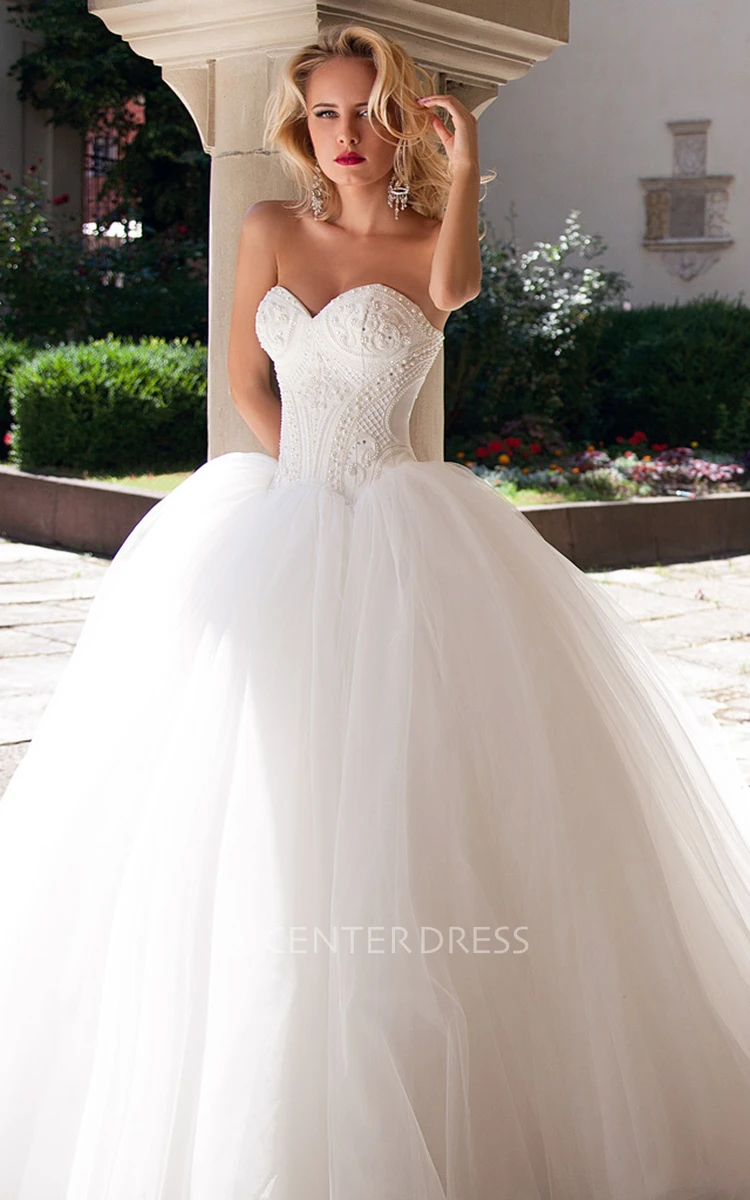 Ball Gown Floor-Length Beaded Sweetheart Sleeveless Tulle Wedding Dress