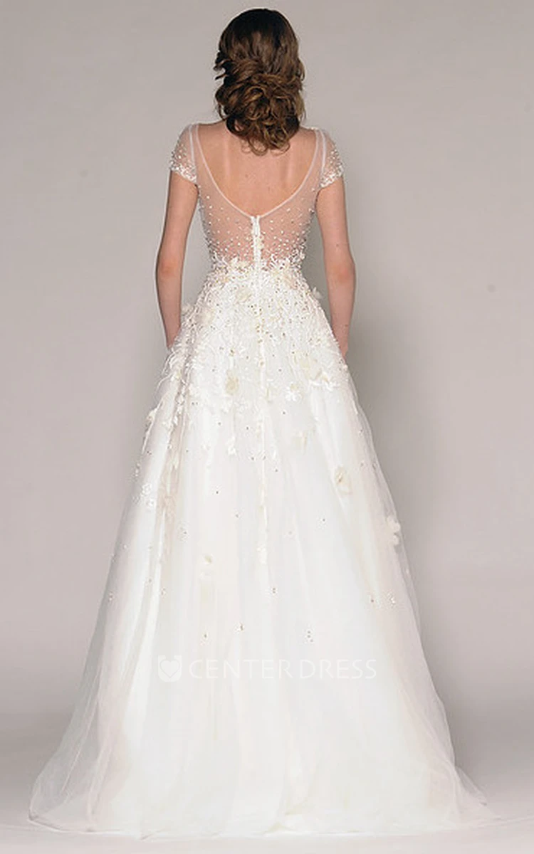 A-Line Short-Sleeve Beaded Floor-Length V-Neck Tulle Wedding Dress With Embroidery And Flower
