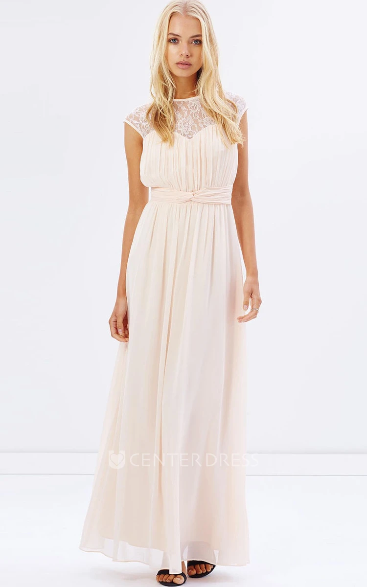 Cap Sleeve Jewel Neck Ruched Chiffon Bridesmaid Dress