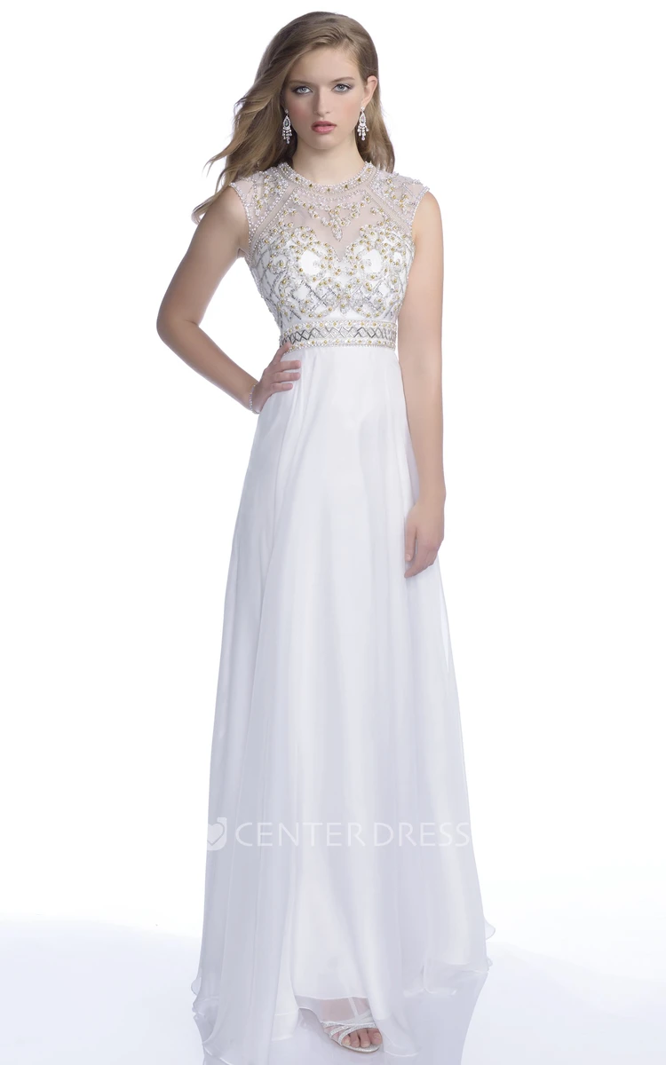 Sophisticated Sleeveless A-Line Chiffon Jewel Neck Prom Dress With Crystal Bodice