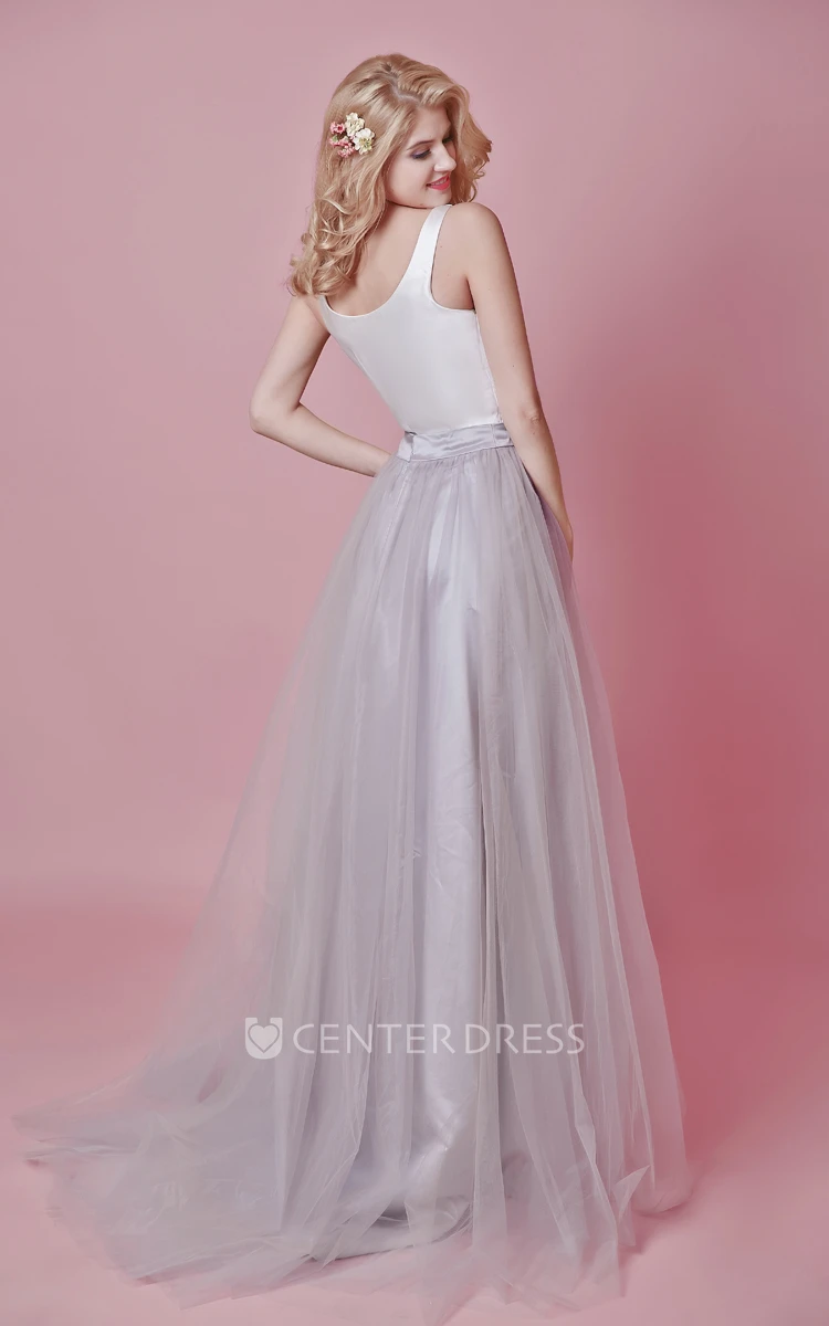 Modern Scoop Neck Sleeveless Long Tulle Colored Wedding Dress