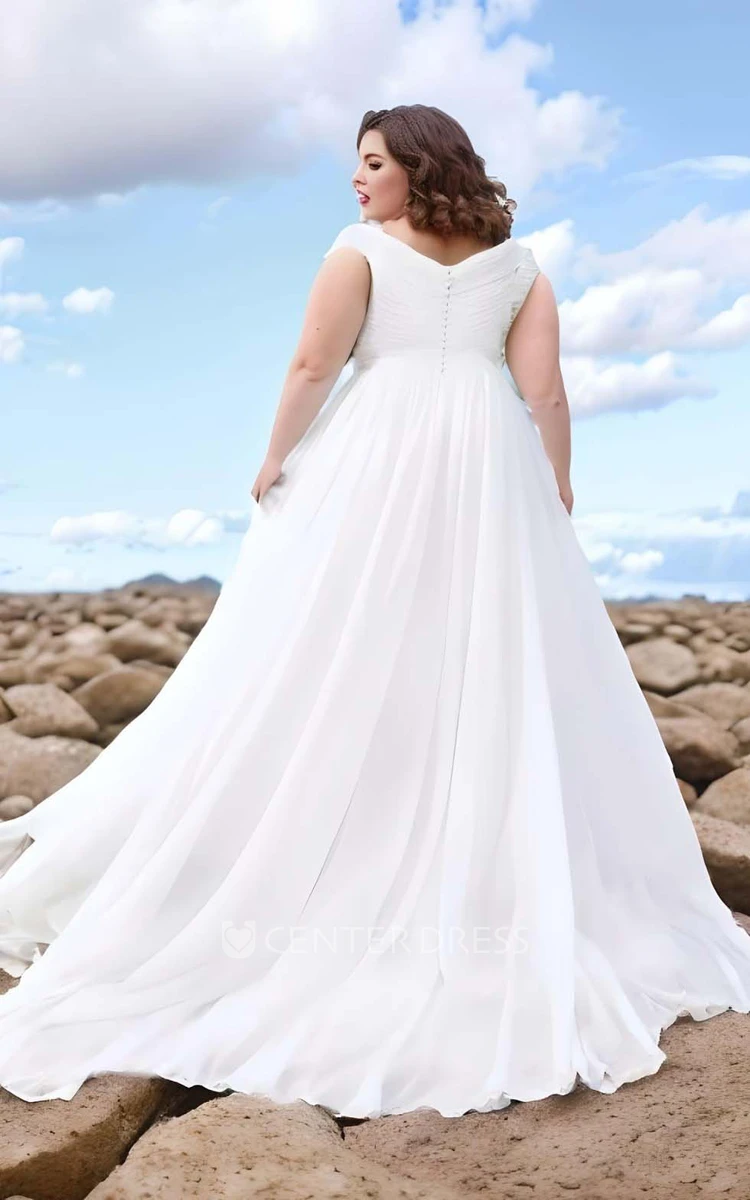 Plus Size A-Line Chiffon Wedding Dress 2024 Ethereal Beach V-neck Floor-length