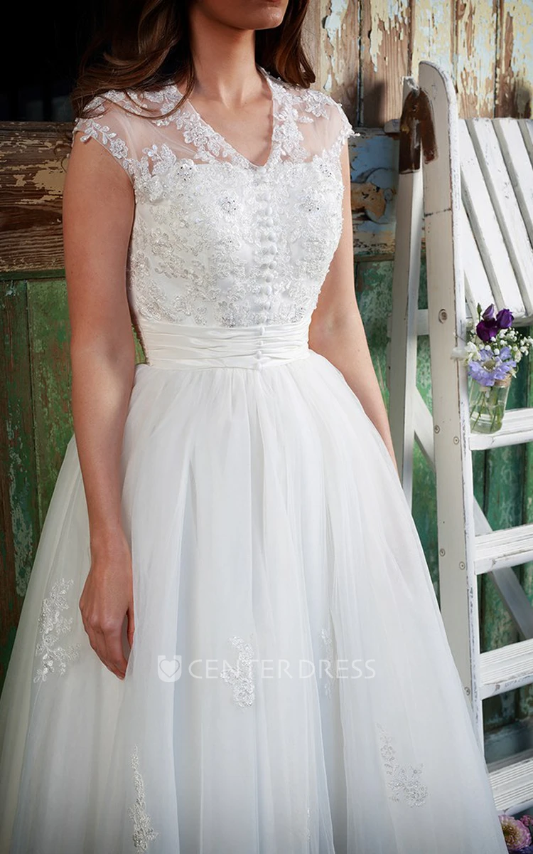 A-Line Tea-Length V-Neck Appliqued Cap-Sleeve Tulle&Lace Wedding Dress