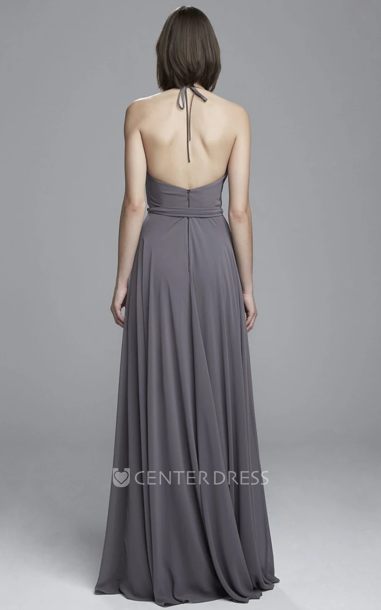 A-Line Pleated Cowl-Neck Sleeveless Floor-Length Chiffon Bridesmaid Dress
