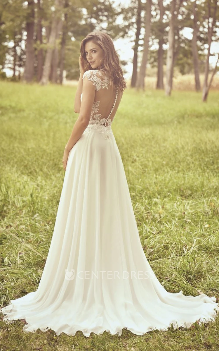 Appliqued Lace Chiffon Cap Sleeve Illusion Plunging Neckline And Illusion Back Wedding Dress