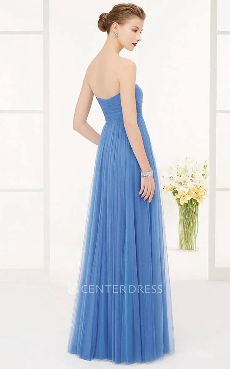 Strapless A-line Tulle Long Dress With Waist Flower And Pleats